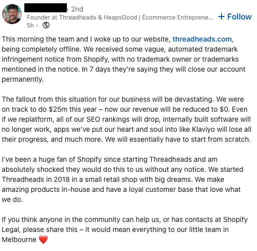 LinkedIn post about Shopify